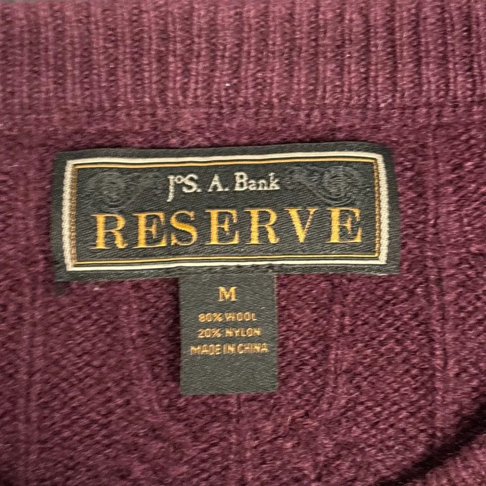 Jos A Bank Reserve Mens Medium Burgundy Wool Blend Cable Knit Crewneck Sweater